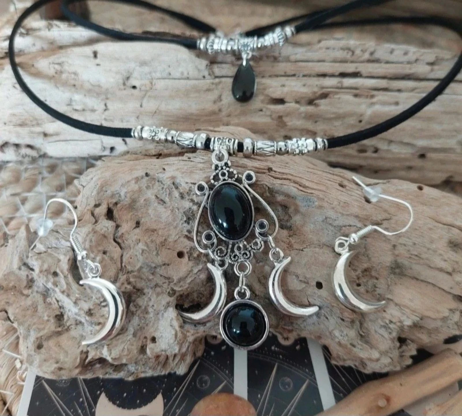 Parure boho mystique doublerangs triple lune obsidiana, preto – photo 4